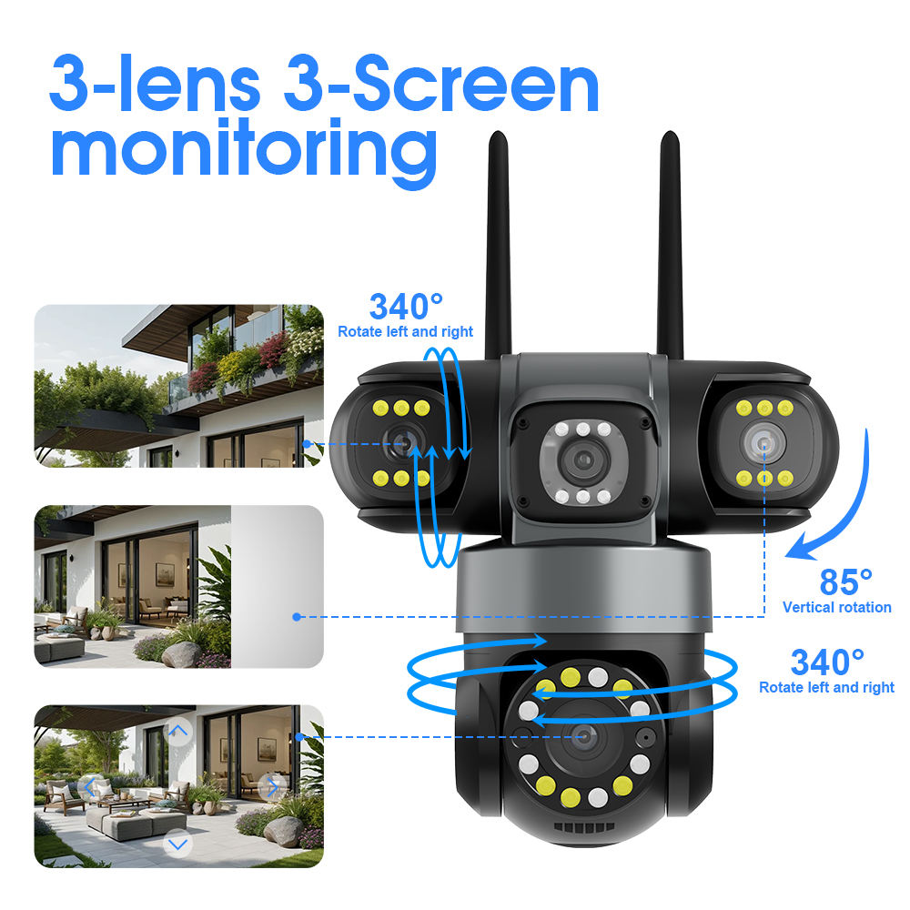 Wireless WiFi Outdoor 3 Lens PTZ Camera 3 in 1 Night Vision CCTV Security Camera