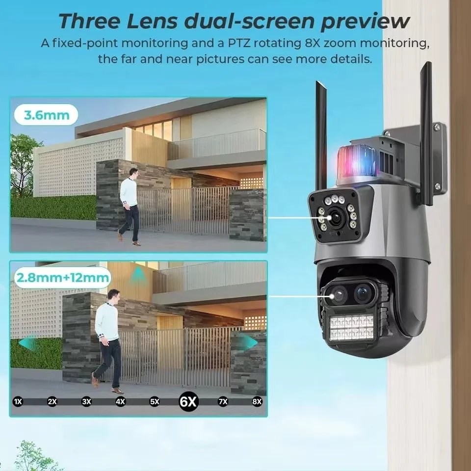 9MP PTZ Triple Lens Wi‑Fi CCTV Camera with 8X Zoom & Auto Tracking