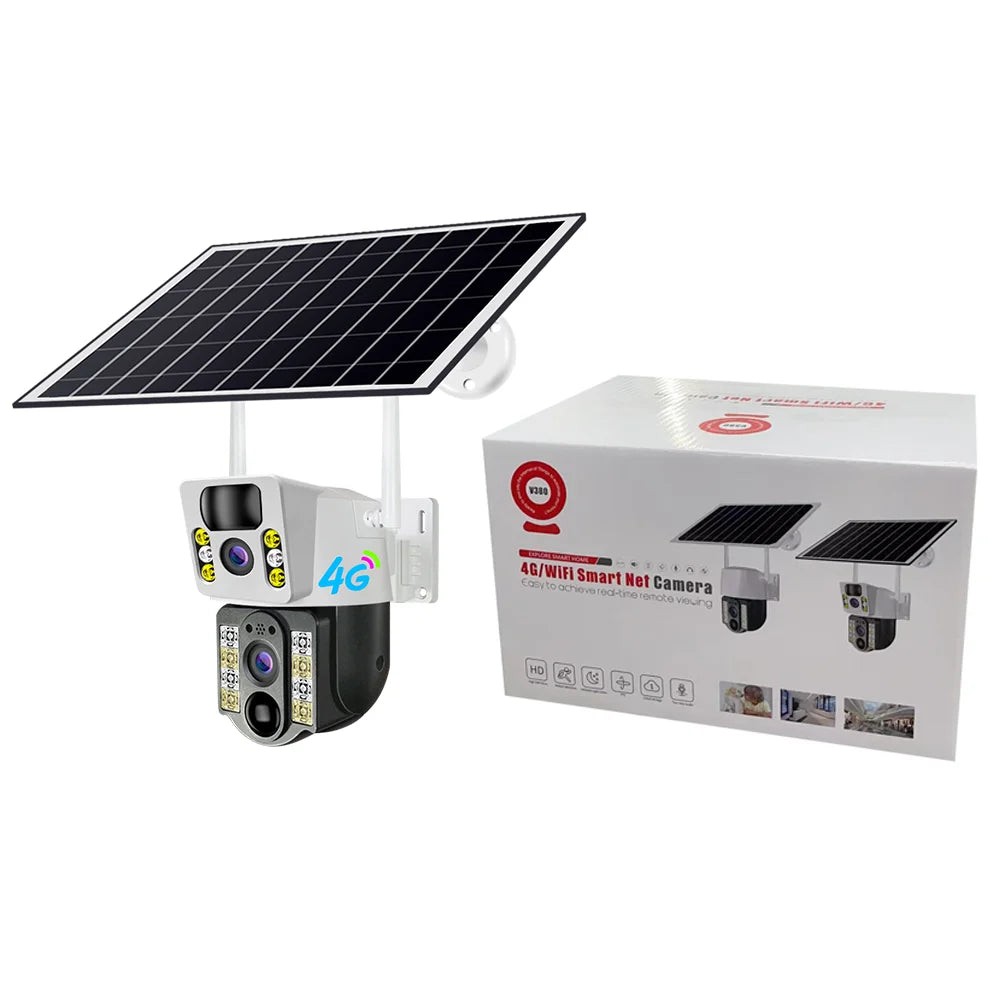 V380 4G Solar Dual‑Lens PTZ Camera 4MP with Battery Power & Remote Monitoring