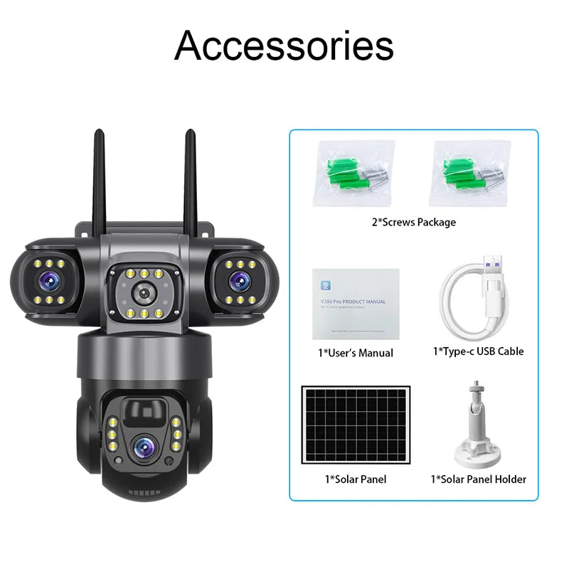 V380 4G WiFi Solar 3-Lens Camera with Solar Panel & Remote Monitoring