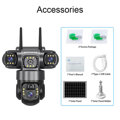 V380 4G WiFi Solar 3-Lens Camera with Solar Panel & Remote Monitoring