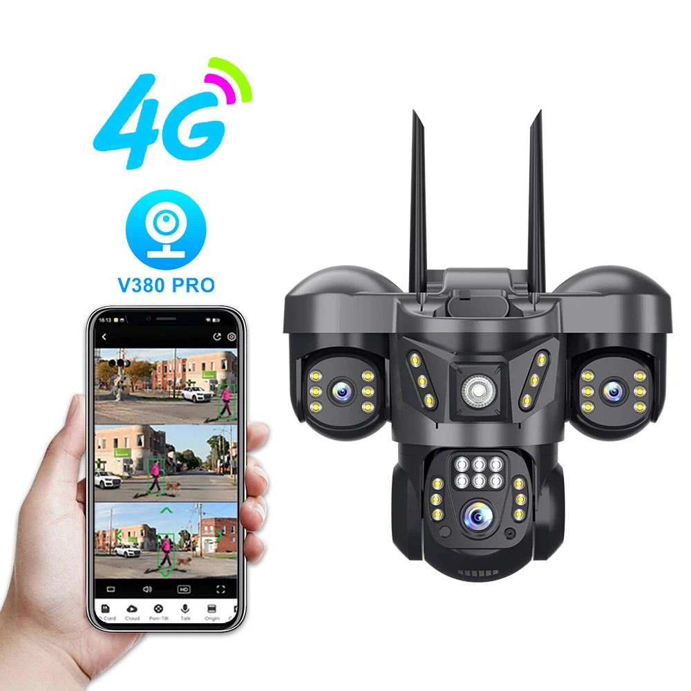 V380 New Adjustable 3 Lens and 3 Screen Black 6MP Security CCTV Wireless SIM Card 4G Network PTZ 3 Lenses Camera