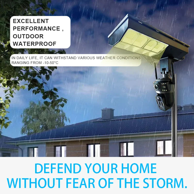 V380 6MP 4G Solar Dual-Lens PTZ Camera with 3-Screen Display & Street Light