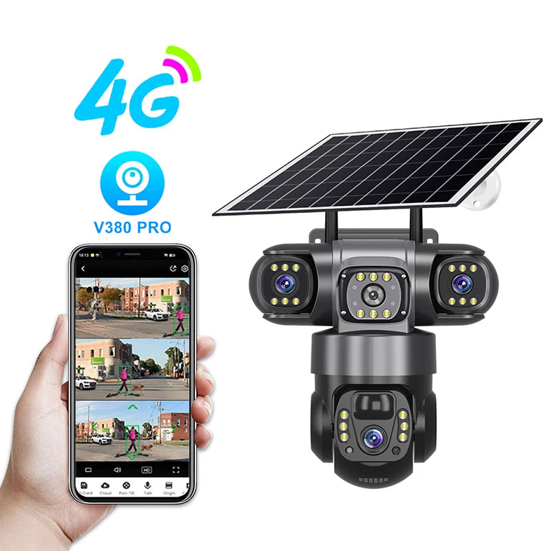 V380 4G WiFi Solar 3-Lens Camera with Solar Panel & Remote Monitoring