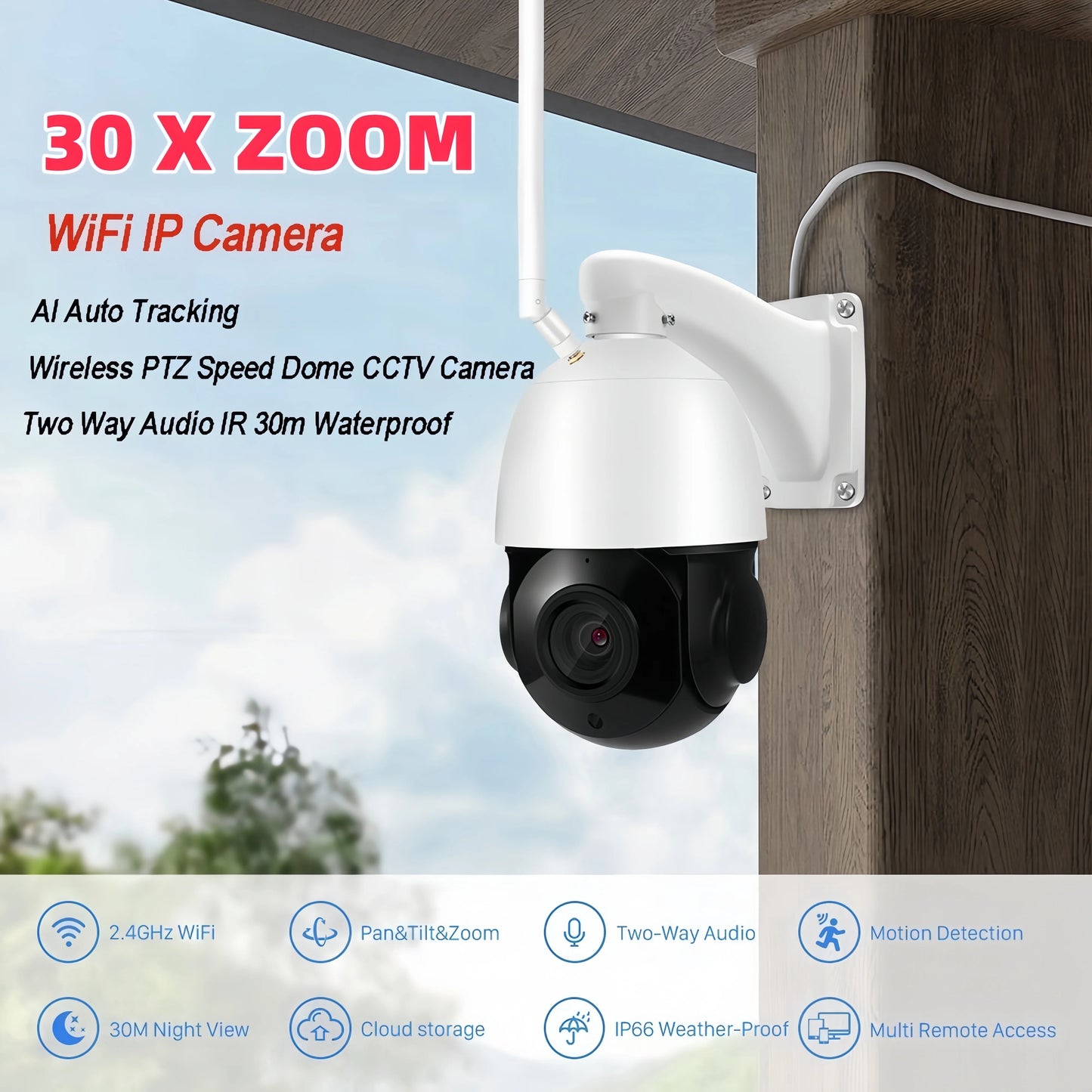 4K 30x Zoom PTZ Wi-Fi CCTV Camera with Auto Human Tracking