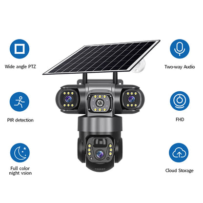 V380 4G WiFi Solar 3-Lens Camera with Solar Panel & Remote Monitoring