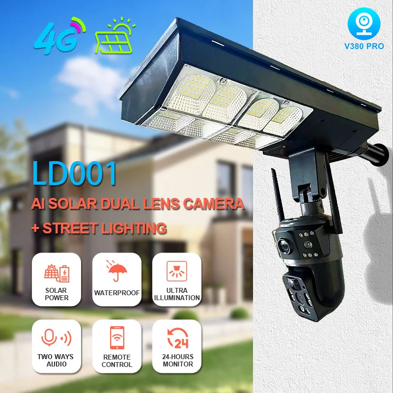V380 6MP 4G Solar Dual-Lens PTZ Camera with 3-Screen Display & Street Light